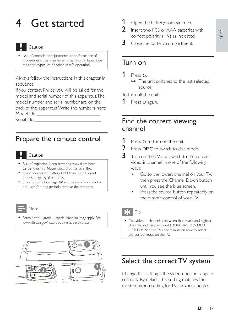 4 get started, Turn on 1, Find the correct viewing channel 1 | Select the correct tv system, Prepare the remote control | Philips HSB4352/12 User Manual | Page 16 / 36
