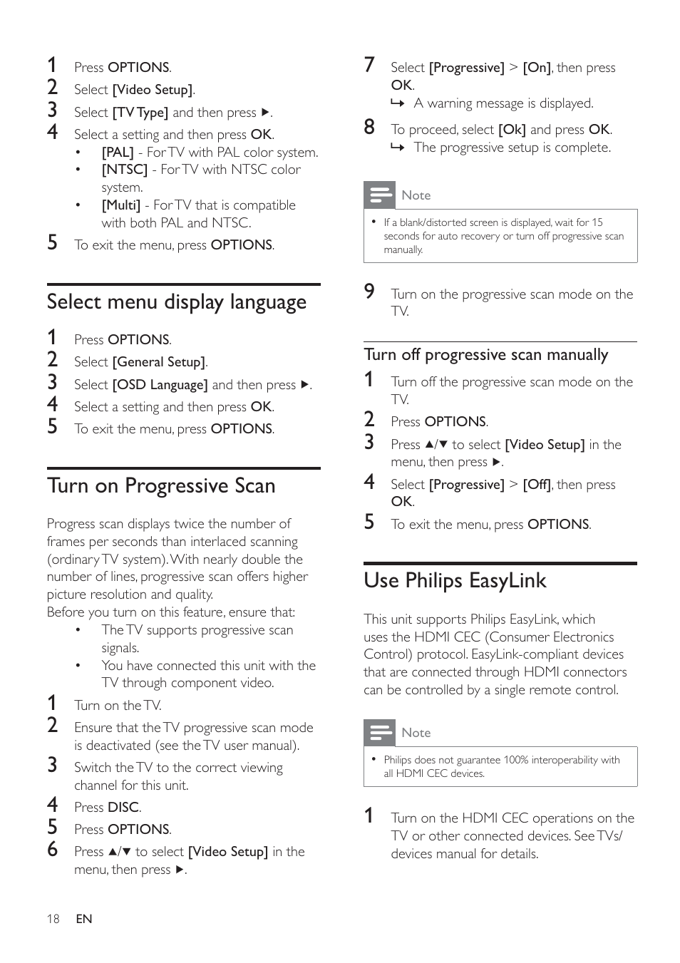 Use philips easylink, Select menu display language 1, Turn on progressive scan | Philips HSB4352/12 User Manual | Page 17 / 36