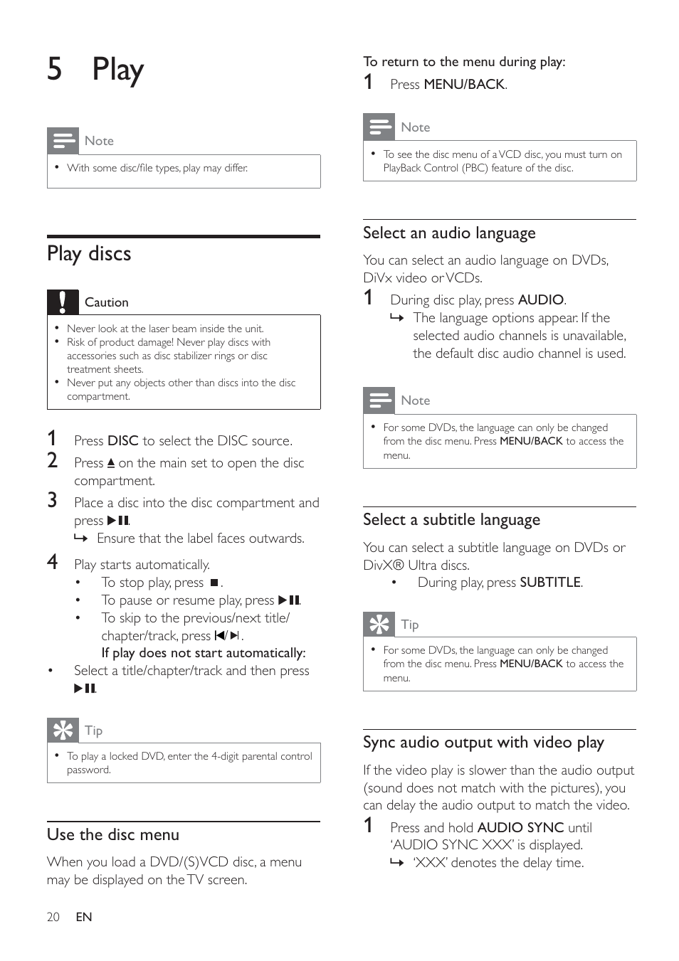 5 play, Play discs | Philips HSB4352/12 User Manual | Page 19 / 36