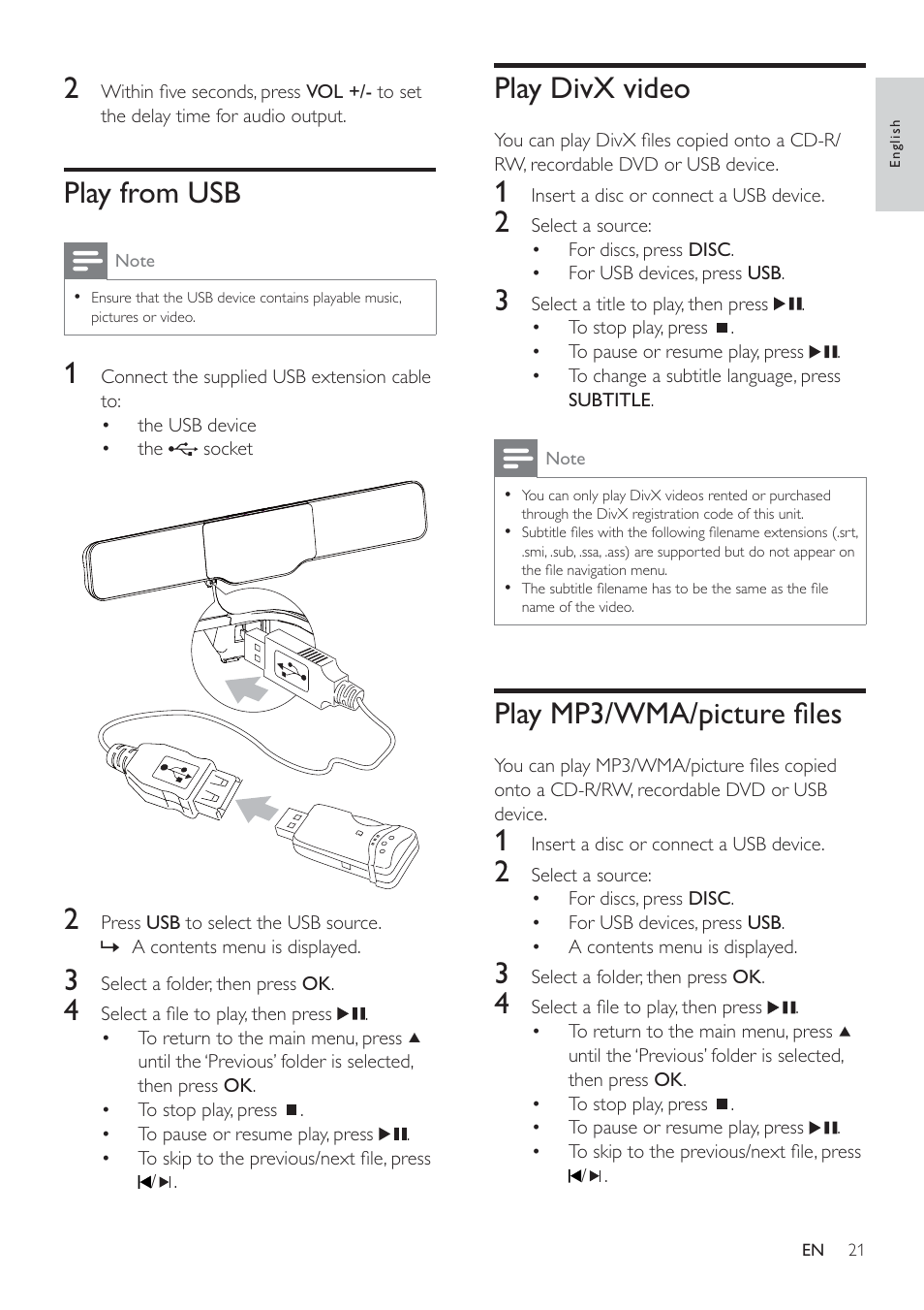 Play divx video, Play mp3/wma/picture ﬁ les, Play from usb | Philips HSB4352/12 User Manual | Page 20 / 36