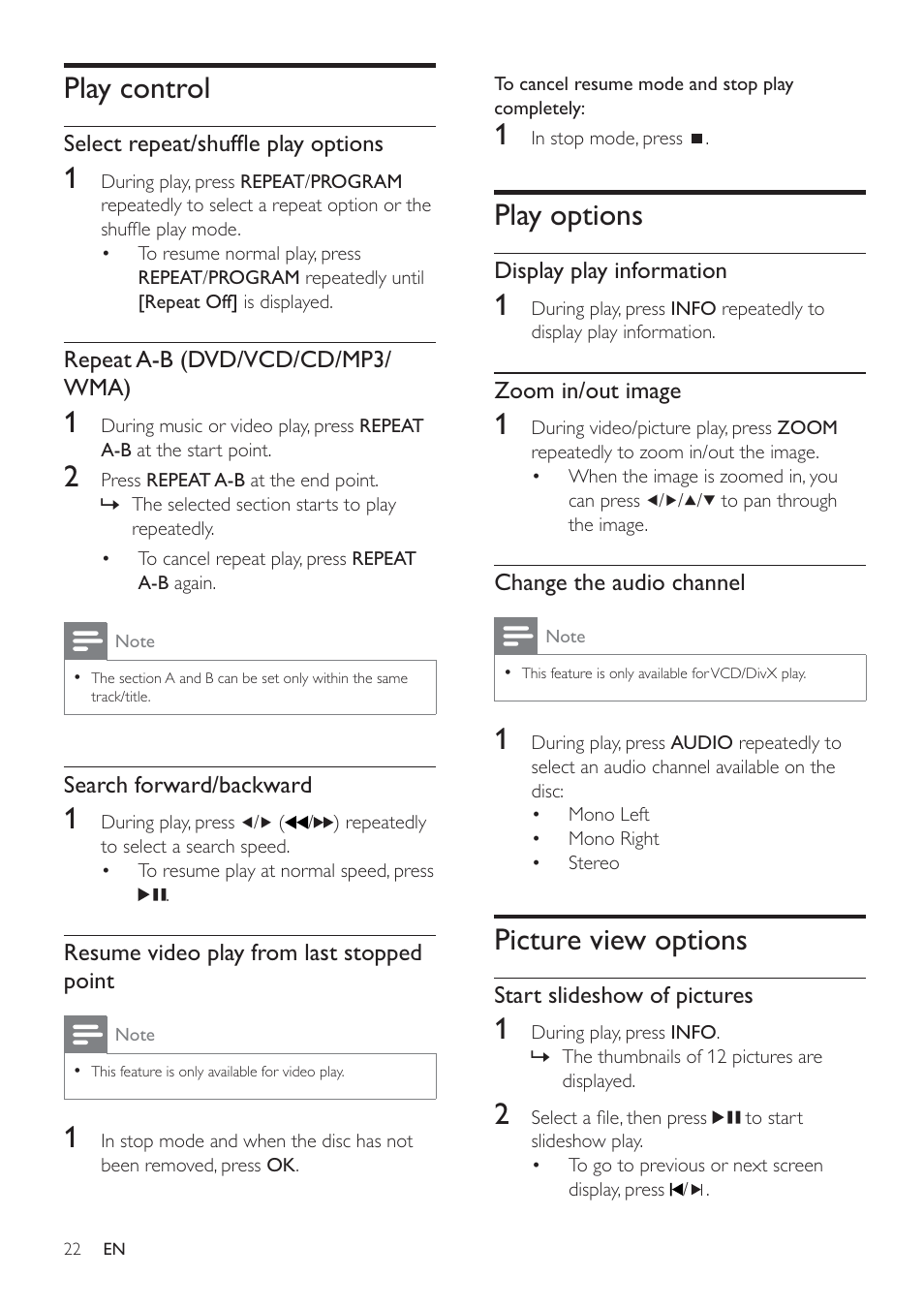 Play options, Picture view options, Play control | Philips HSB4352/12 User Manual | Page 21 / 36