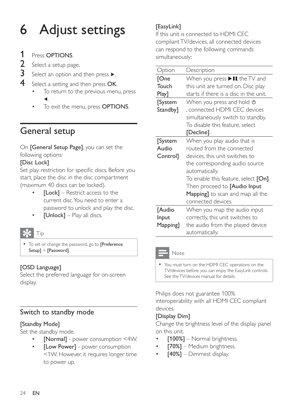 6 adjust settings, General setup | Philips HSB4352/12 User Manual | Page 23 / 36