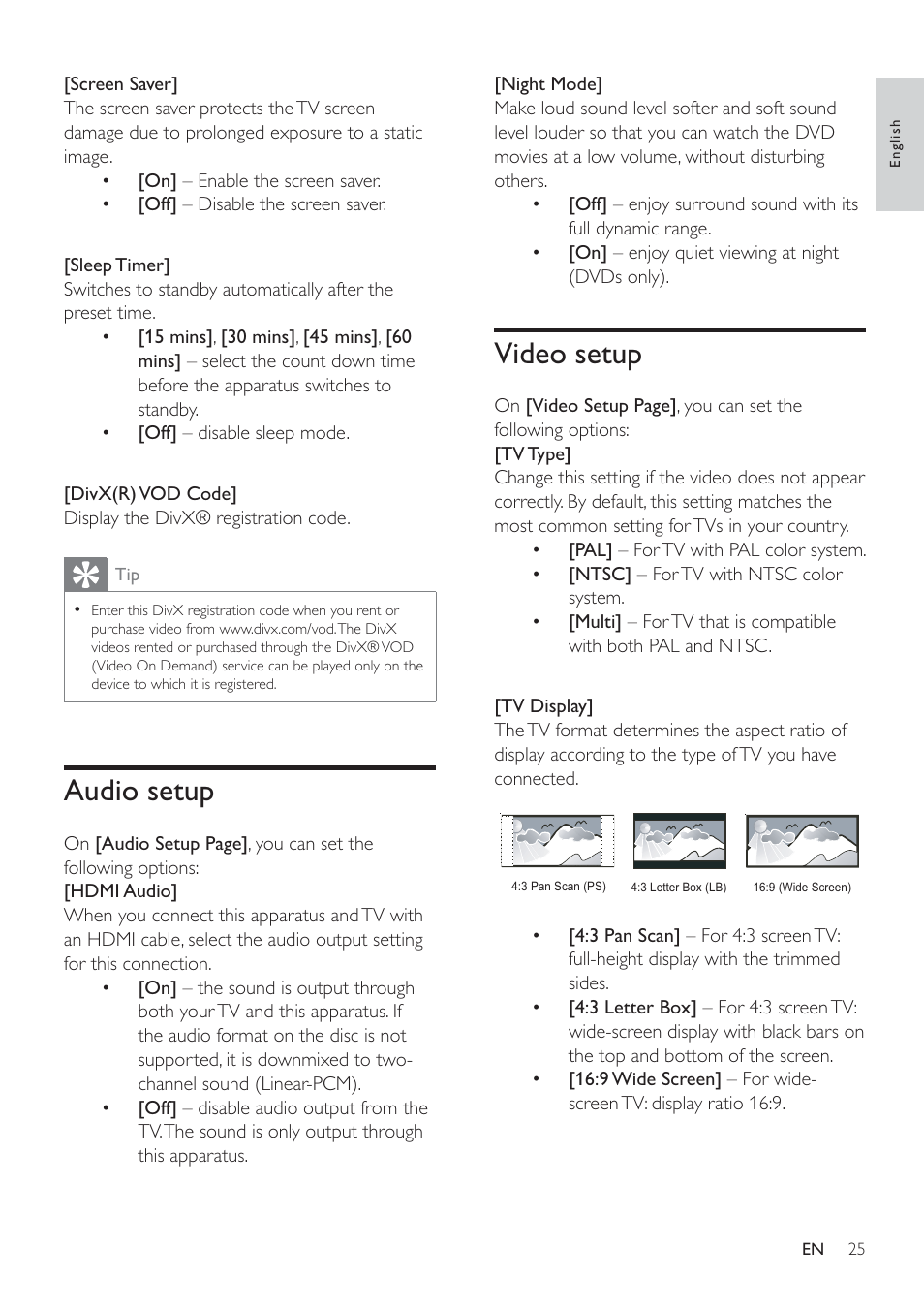 Video setup, Audio setup | Philips HSB4352/12 User Manual | Page 24 / 36