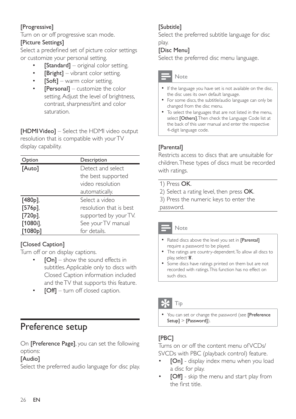 Preference setup | Philips HSB4352/12 User Manual | Page 25 / 36