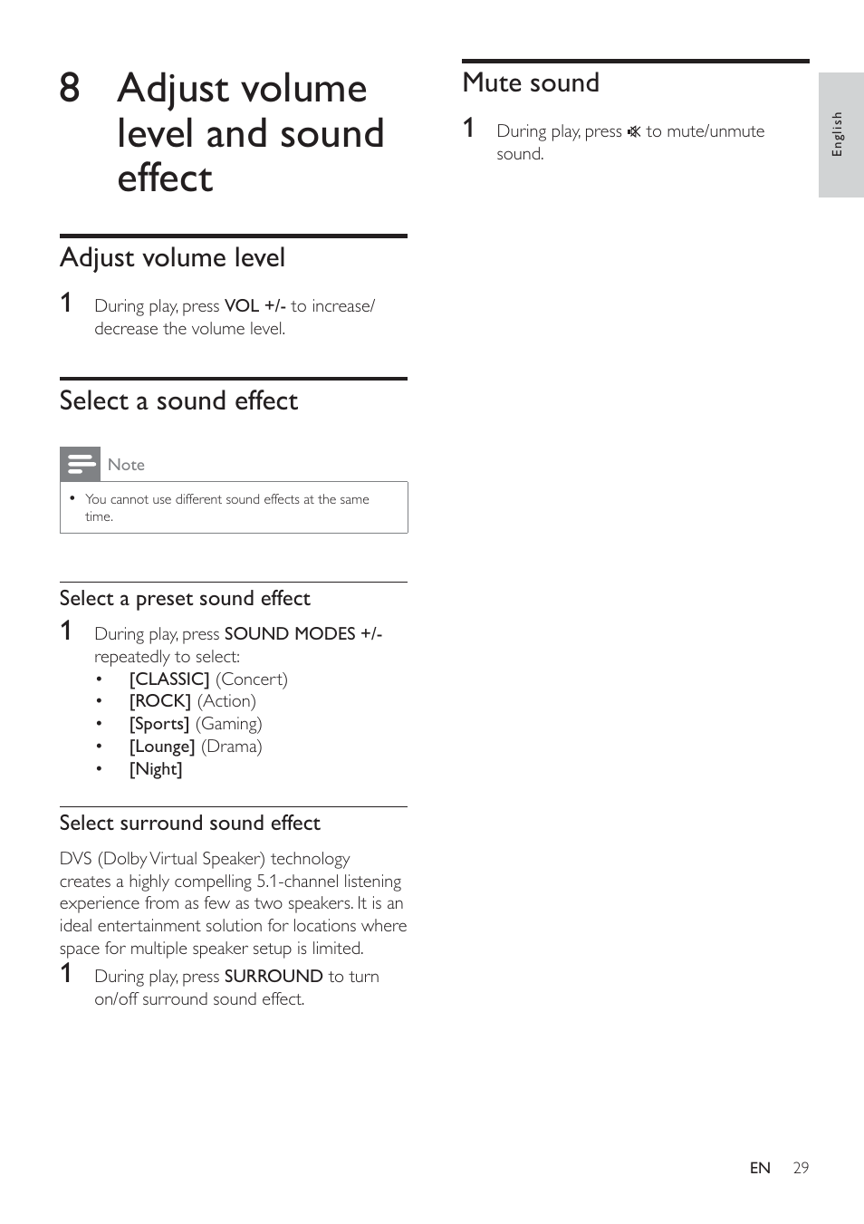 8 adjust volume level and sound effect, Mute sound 1, Adjust volume level 1 | Select a sound effect | Philips HSB4352/12 User Manual | Page 28 / 36