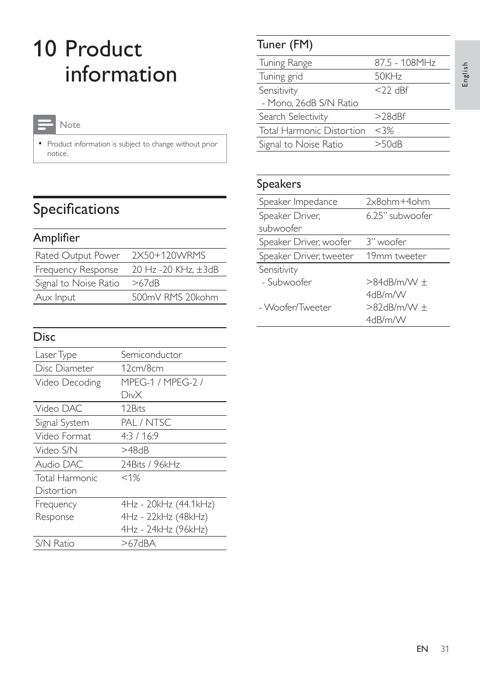 10 product information, Speciﬁ cations | Philips HSB4352/12 User Manual | Page 30 / 36