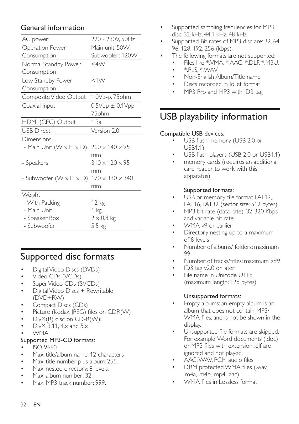 Usb playability information, Supported disc formats, General information | Philips HSB4352/12 User Manual | Page 31 / 36
