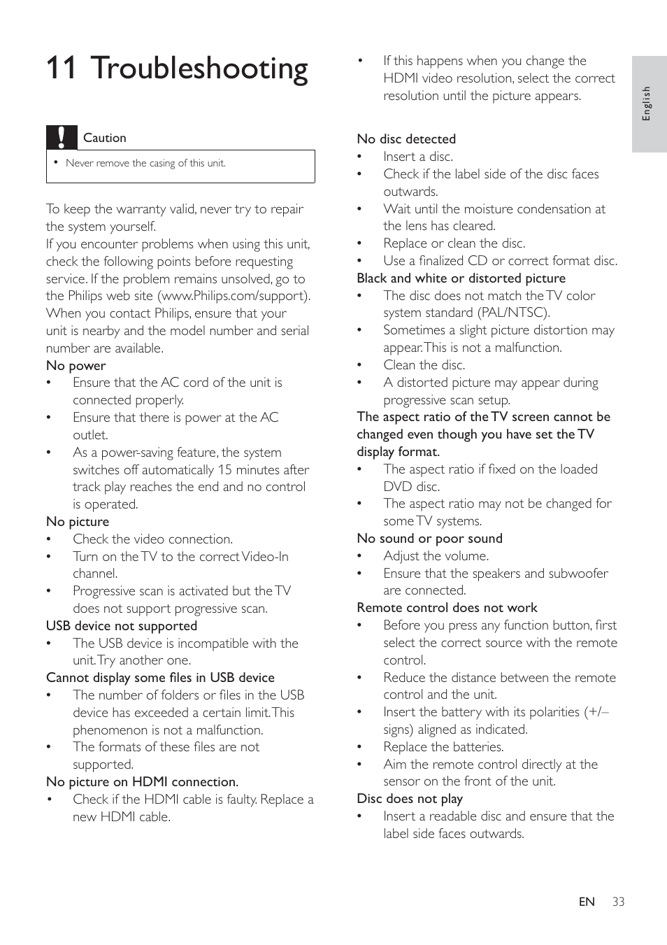 11 troubleshooting | Philips HSB4352/12 User Manual | Page 32 / 36
