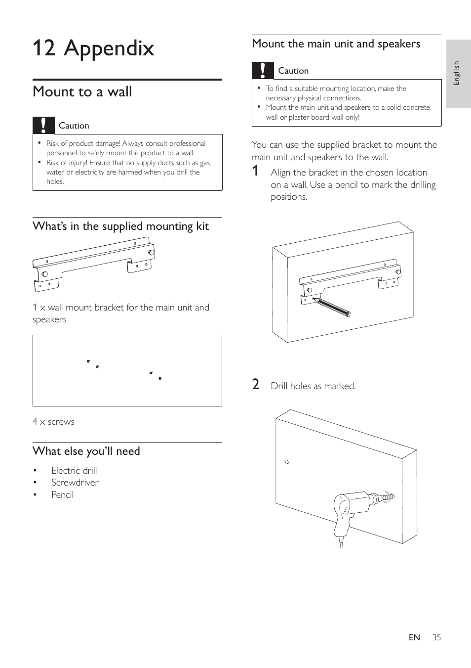 12 appendix, Mount to a wall | Philips HSB4352/12 User Manual | Page 34 / 36