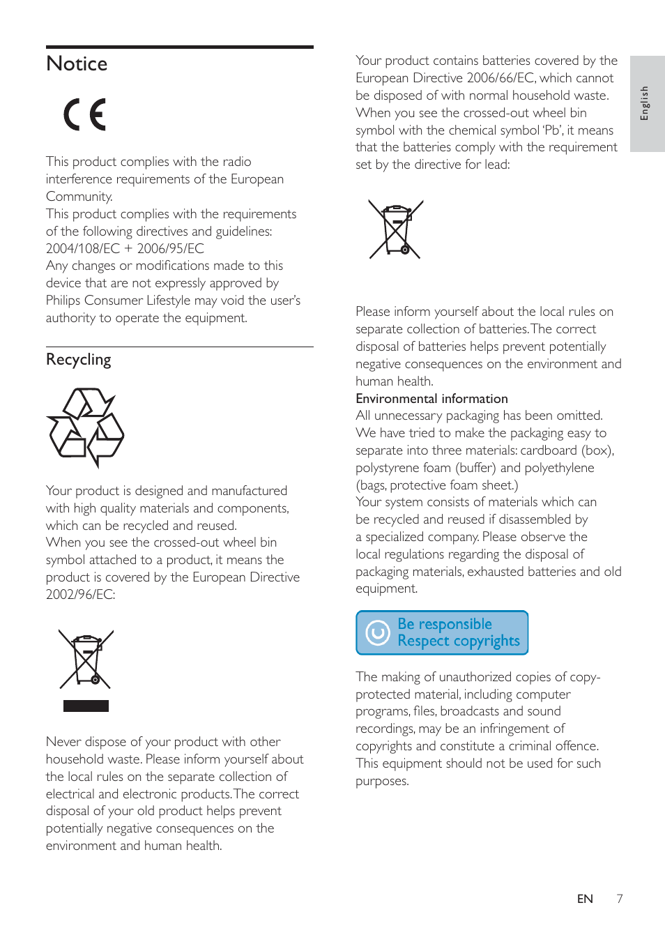 Notice, Recycling | Philips HSB4352/12 User Manual | Page 6 / 36