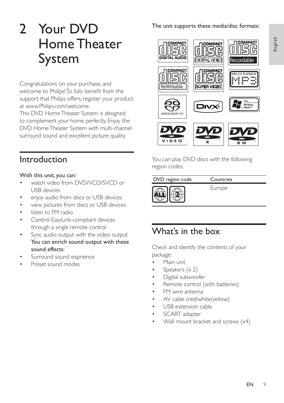 2 your dvd home theater system, What’s in the box, Introduction | Philips HSB4352/12 User Manual | Page 8 / 36