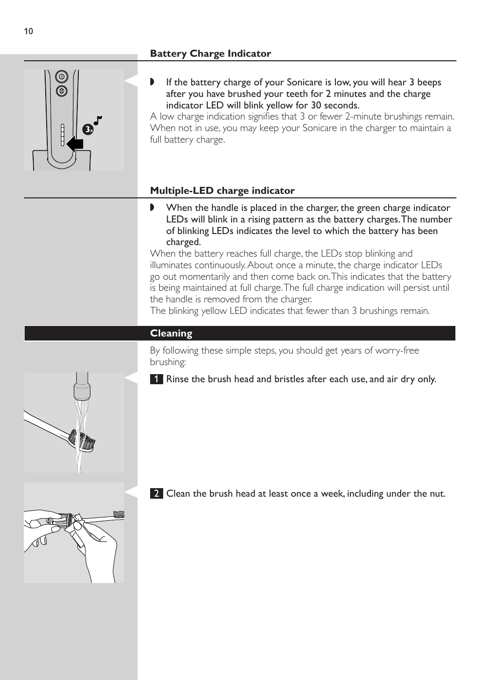 Battery charge indicator, Multiple-led charge indicator, Cleaning | Philips e7000 User Manual | Page 10 / 16