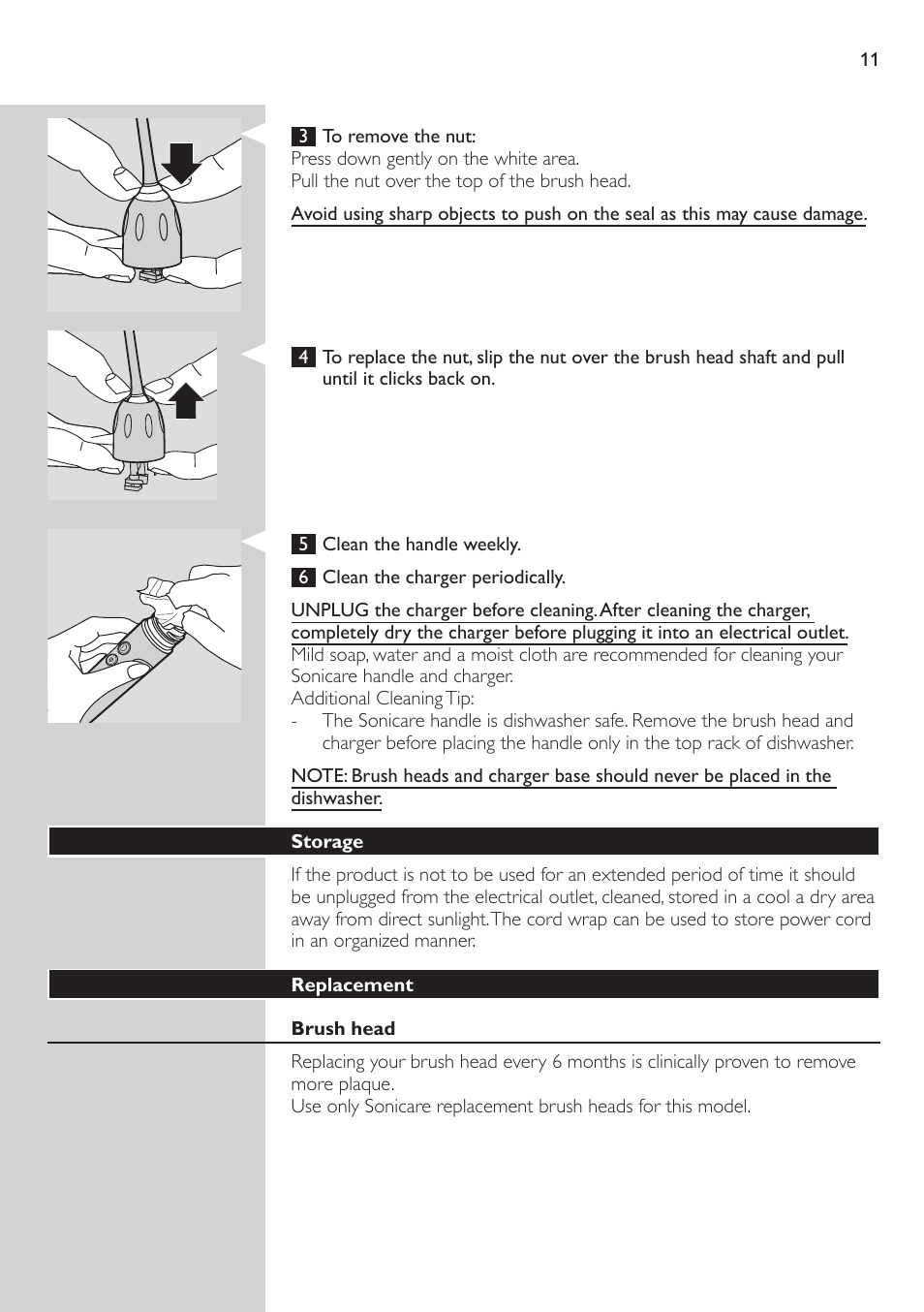 Storage, Replacement, Brush head | Battery recycling | Philips e7000 User Manual | Page 11 / 16