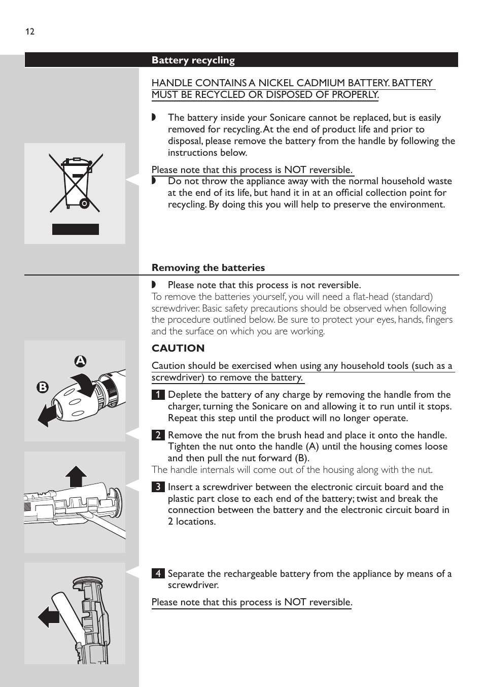 Removing the batteries, Caution, Us and canada | Ba b a | Philips e7000 User Manual | Page 12 / 16