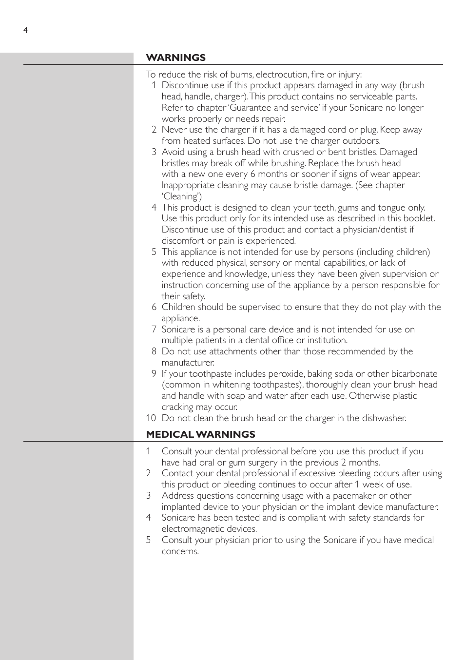 Warnings, Medical warnings, Customer service information | Philips e7000 User Manual | Page 4 / 16