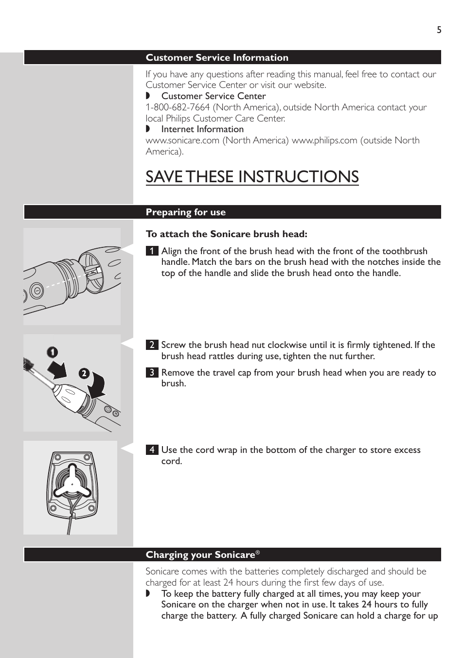 To attach the sonicare brush head, Preparing for use, Charging your sonicare | Save these instructions | Philips e7000 User Manual | Page 5 / 16