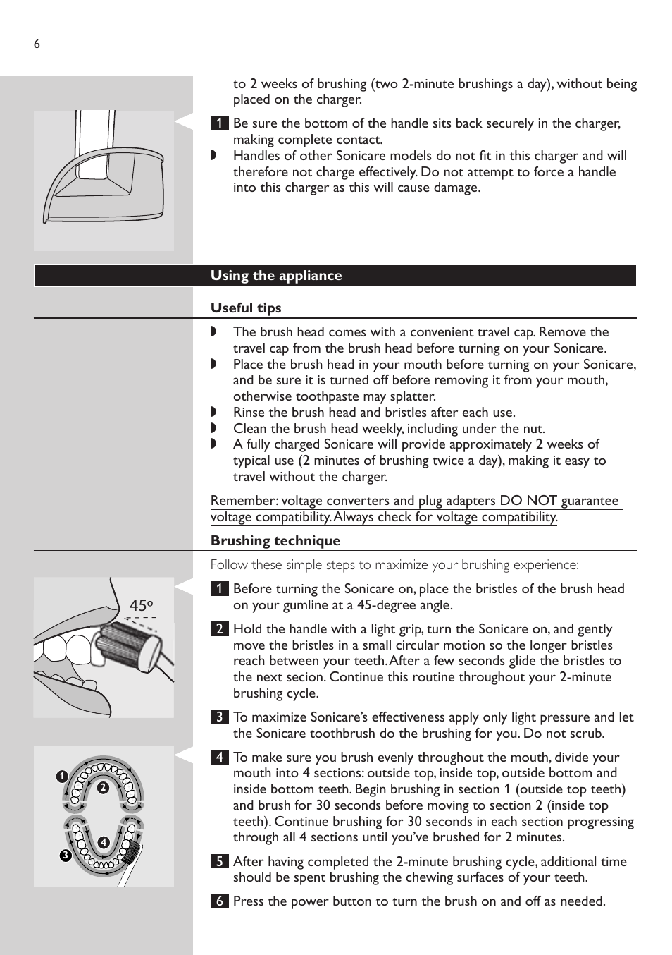 Using the appliance, Useful tips, Brushing technique | Philips e7000 User Manual | Page 6 / 16