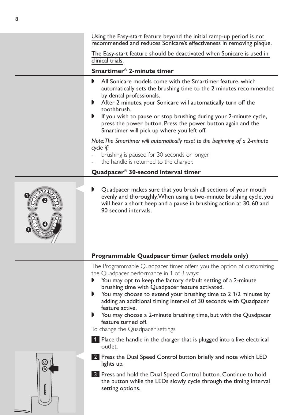 Smartimer \ 2-minute timer, Quadpacer \ 30-second interval timer, Programmable quadpacer timer (select models only) | Philips e7000 User Manual | Page 8 / 16