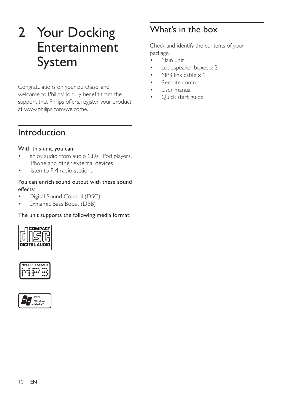 2 your docking entertainment system | Philips DCM109 User Manual | Page 10 / 25