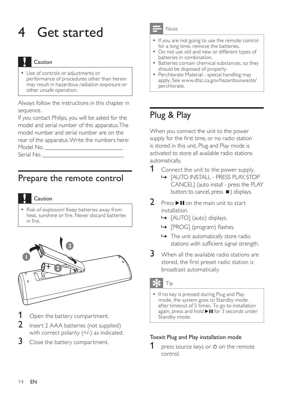 4 get started, Plug & play, Prepare the remote control | Philips DCM109 User Manual | Page 14 / 25