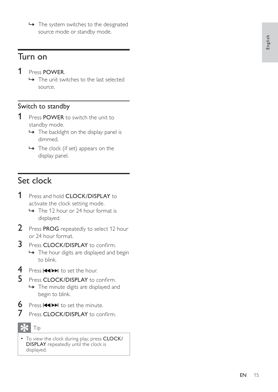 Turn on 1, Set clock 1 | Philips DCM109 User Manual | Page 15 / 25