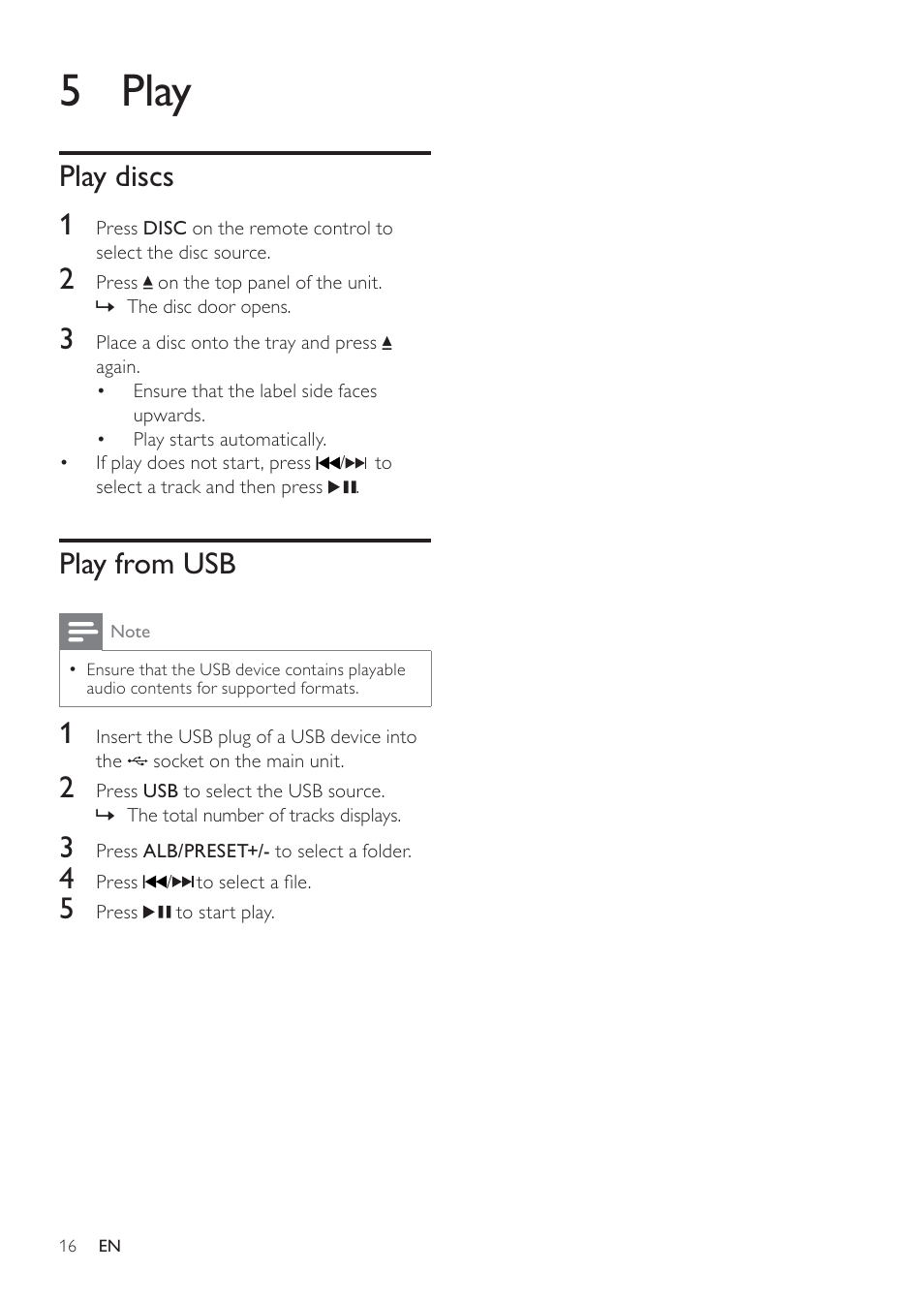 5 play, Play discs 1, Play from usb | Philips DCM109 User Manual | Page 16 / 25