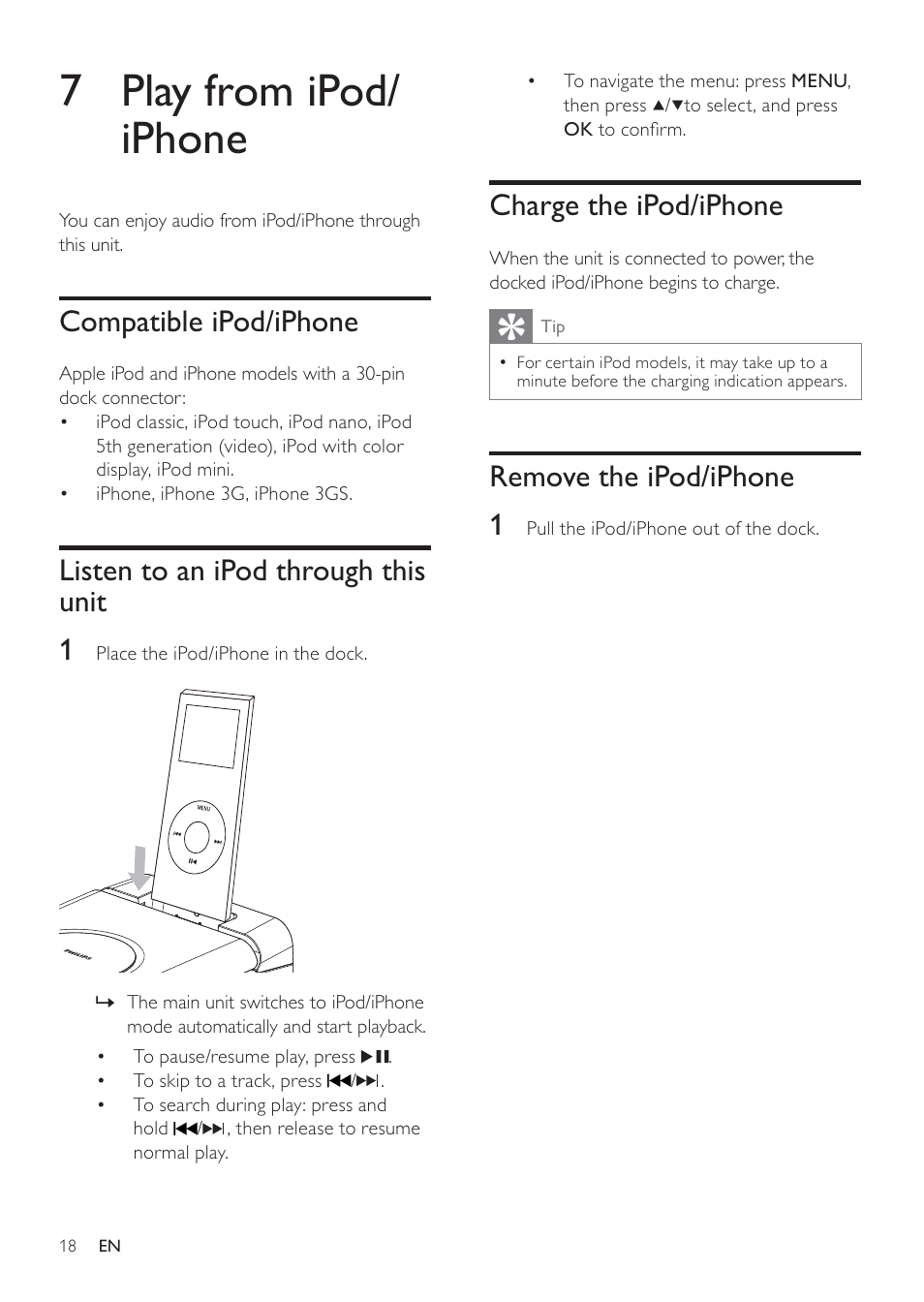 7 play from ipod/ iphone | Philips DCM109 User Manual | Page 18 / 25