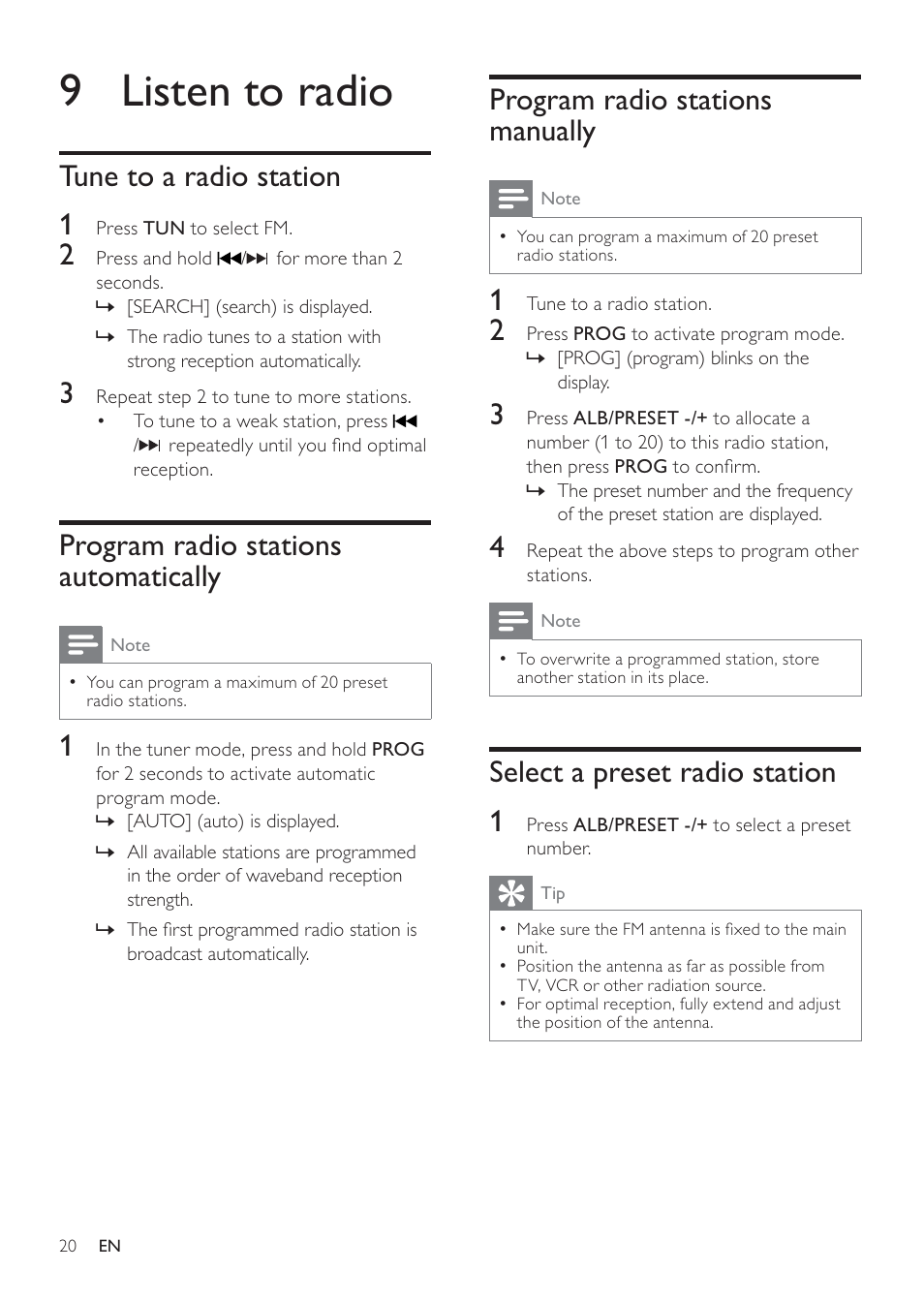 9 listen to radio, Program radio stations manually, Select a preset radio station 1 | Tune to a radio station 1, Program radio stations automatically | Philips DCM109 User Manual | Page 20 / 25