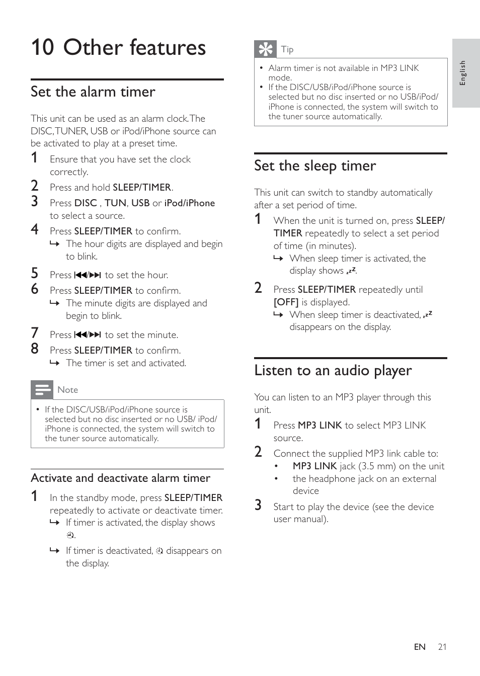 10 other features, Set the sleep timer, Listen to an audio player | Set the alarm timer | Philips DCM109 User Manual | Page 21 / 25