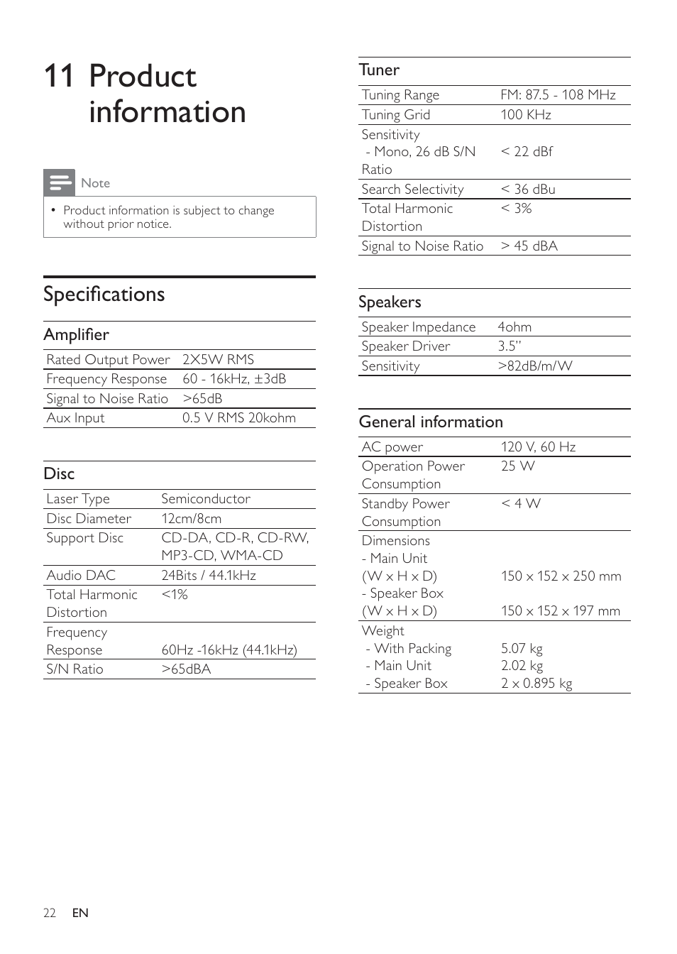 11 product information, Speciﬁcations | Philips DCM109 User Manual | Page 22 / 25