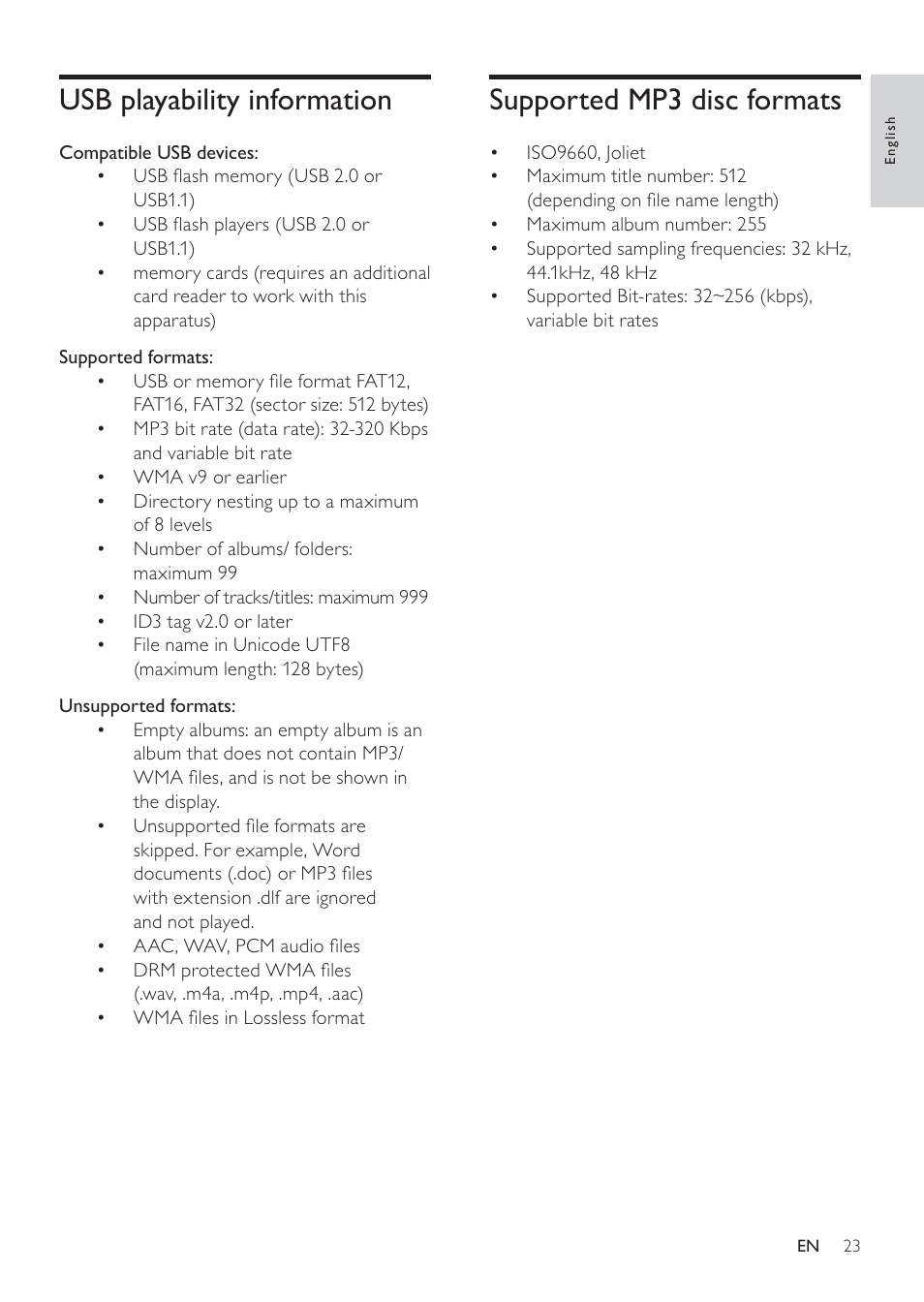 Supported mp3 disc formats, Usb playability information | Philips DCM109 User Manual | Page 23 / 25