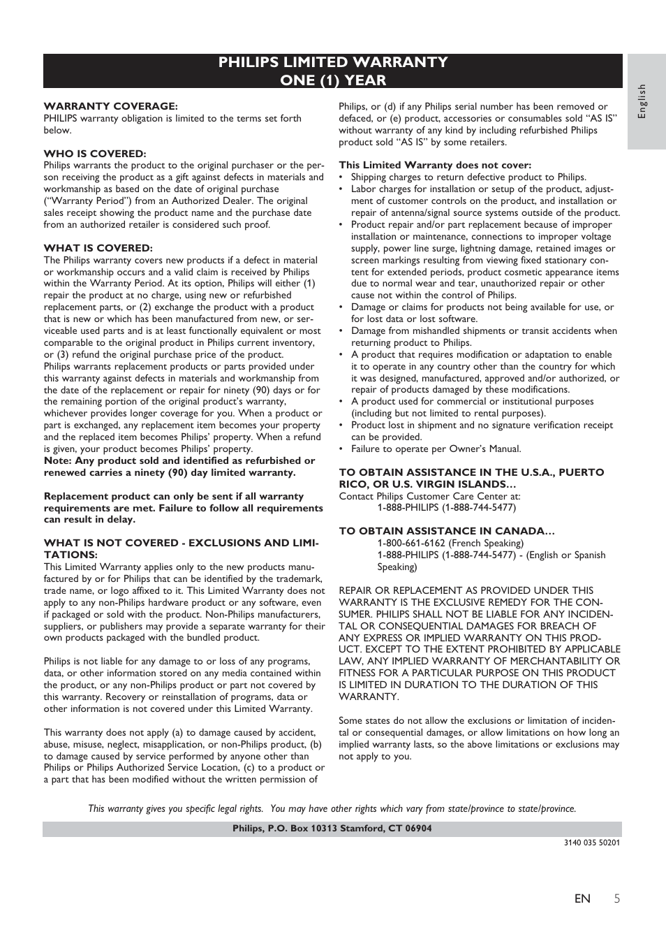 Philips limited warranty one (1) year | Philips DCM109 User Manual | Page 5 / 25