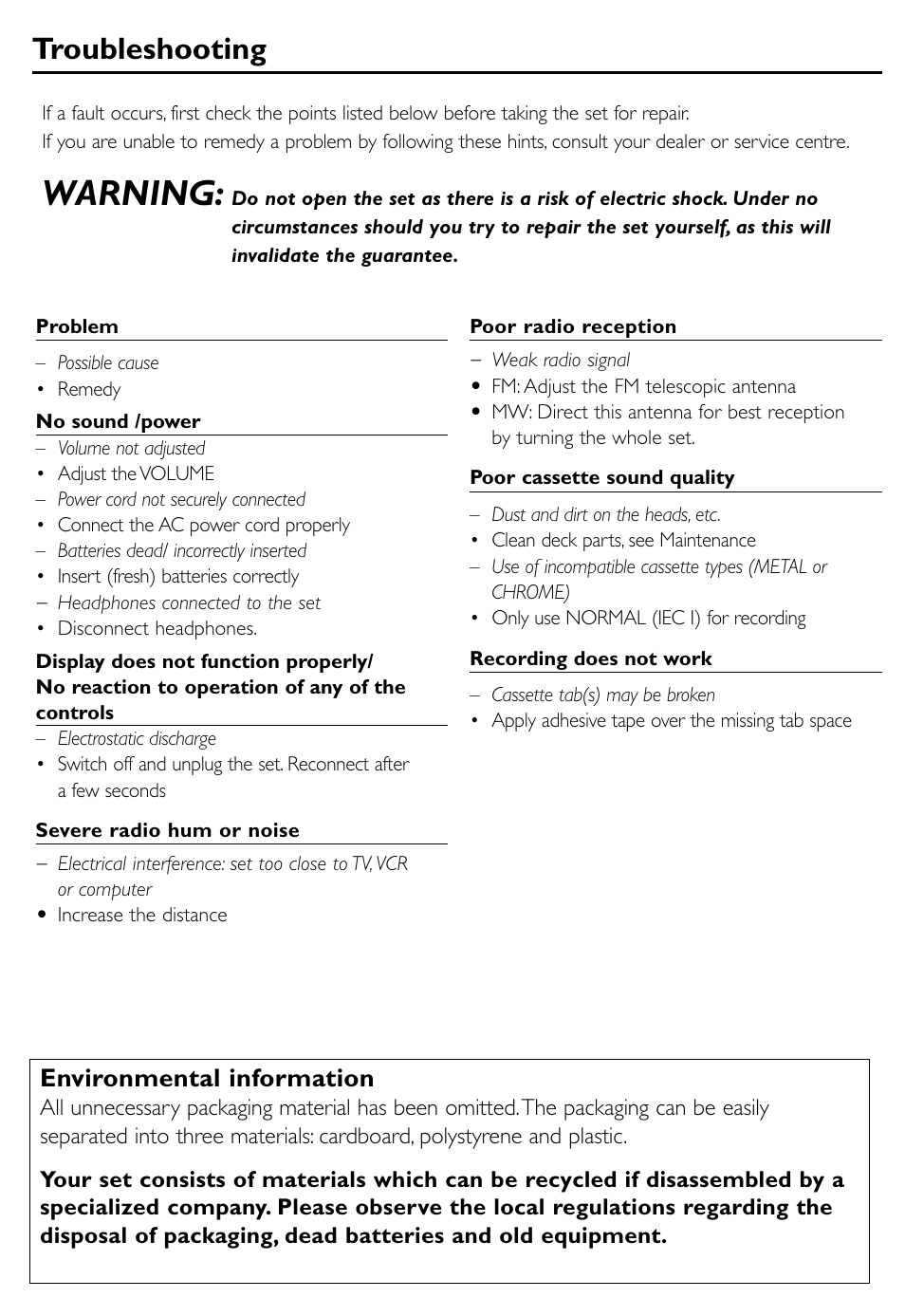 Warning, Troubleshooting, Environmental information | Philips AQ5130/98 User Manual | Page 7 / 8