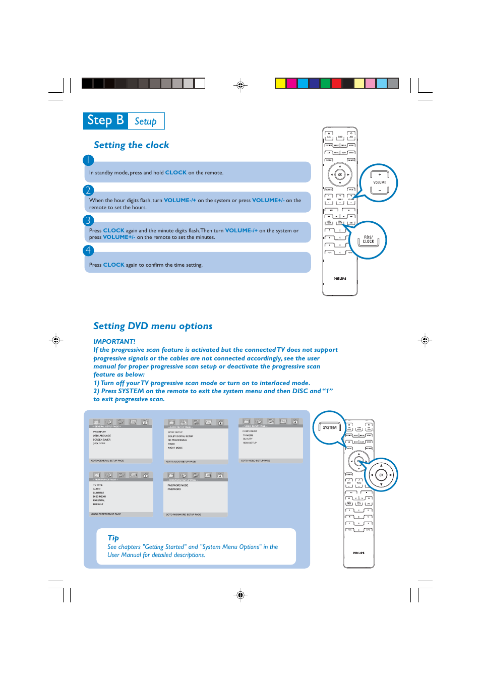 Setting the clock 1 2 3 4, Setting dvd menu options | Philips MCD 908 User Manual | Page 3 / 4