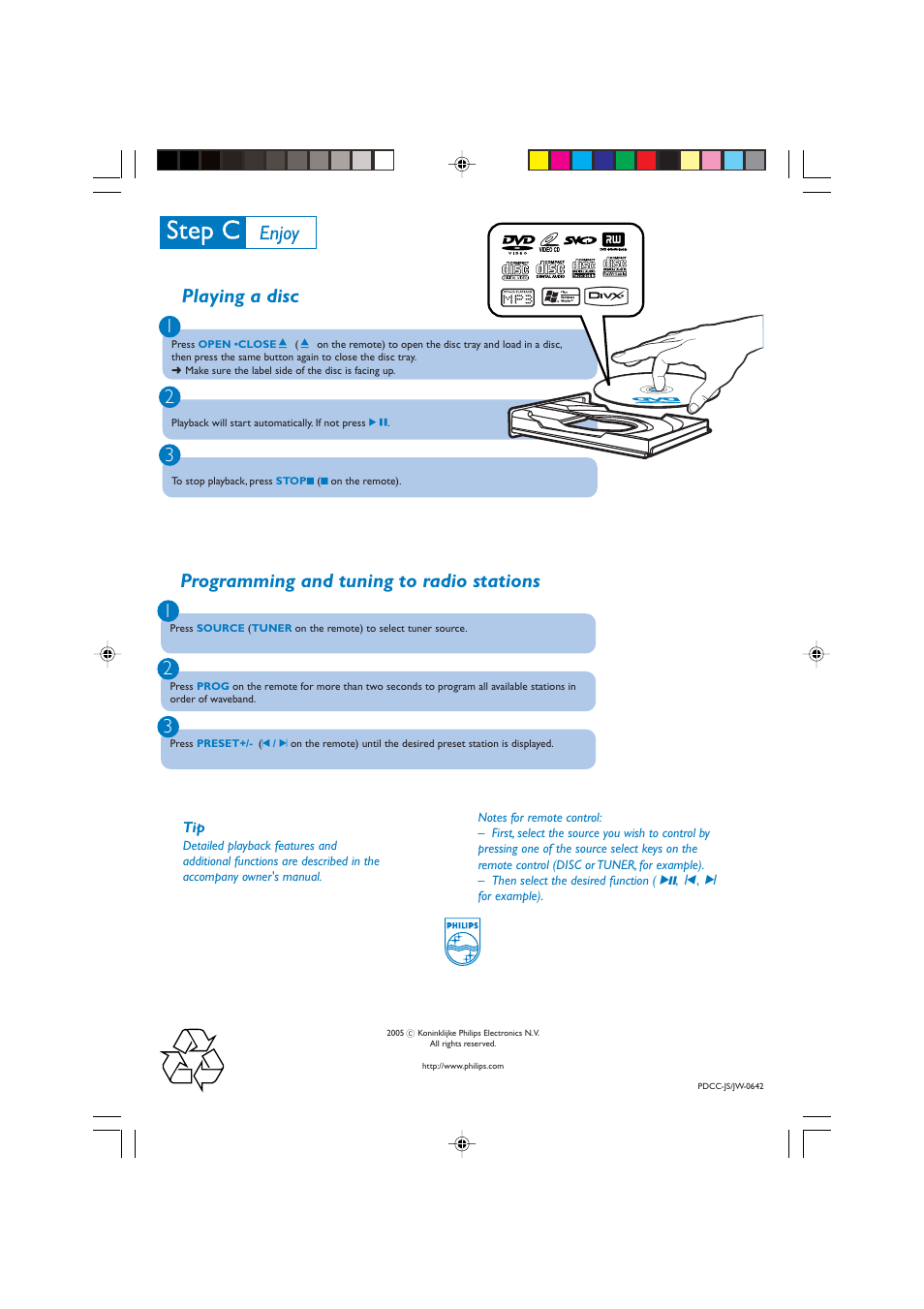 Playing a disc 1 2 3, Programming and tuning to radio stations 1 2 3 | Philips MCD 908 User Manual | Page 4 / 4