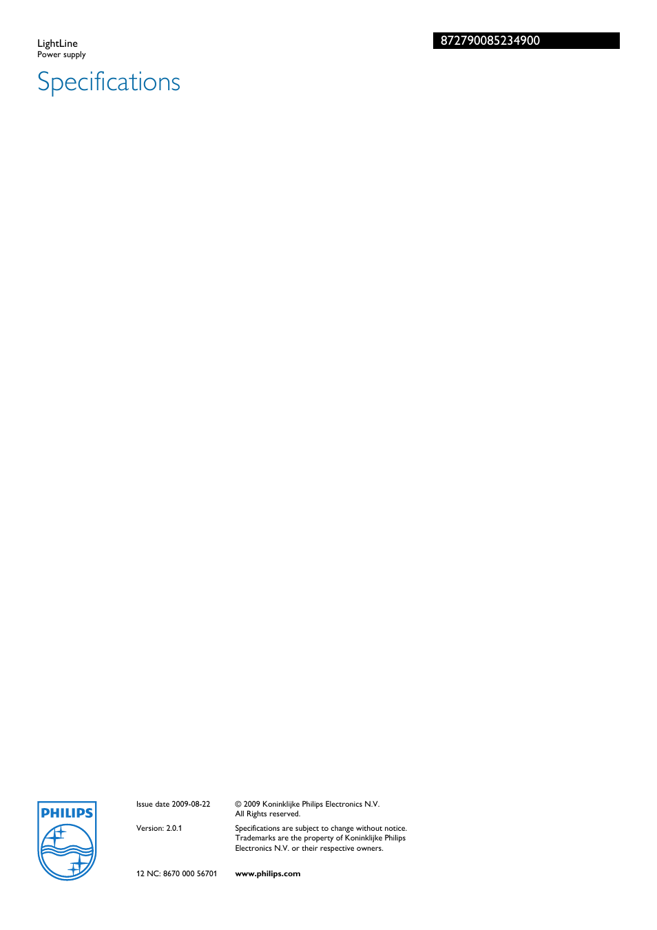 Lightline, Specifications, Philips | Philips LightLine 872790085234900 User Manual | Page 2 / 2