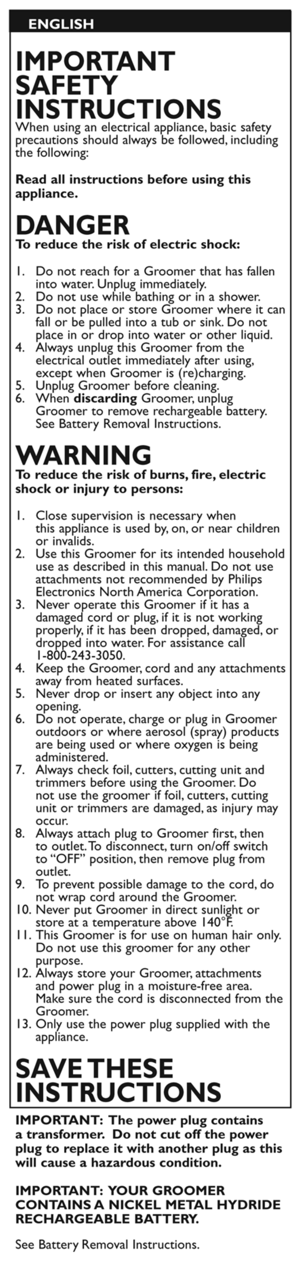 Important safety instructions, Danger, Warning | Savethese instructions | Philips G380-60 User Manual | Page 2 / 13