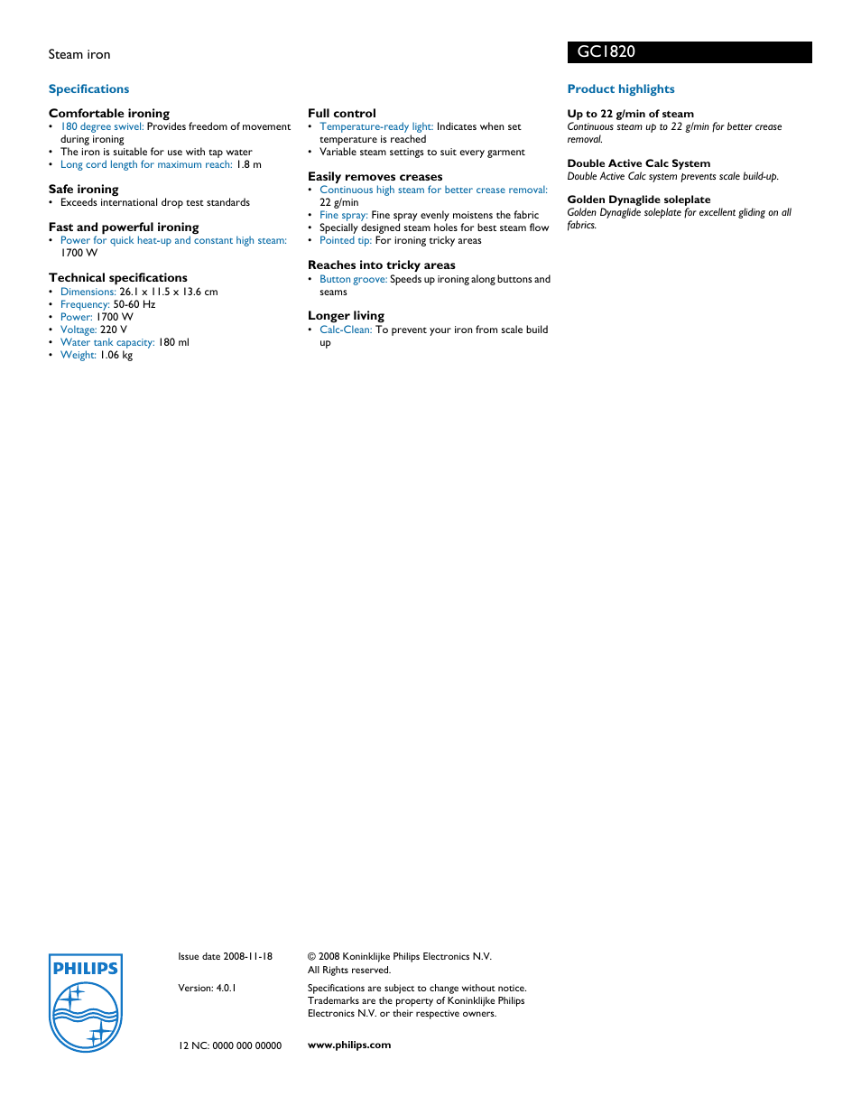 Gc1820 | Philips GC1820  EN User Manual | Page 2 / 2