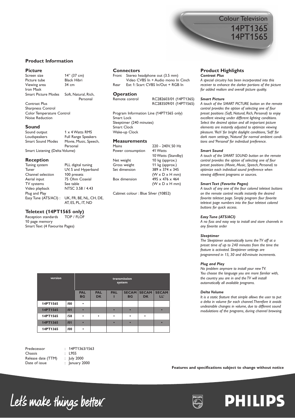 Colour television, Product information picture, Sound | Reception, Connectors, Operation, Measurements, Product highlights | Philips 14PT1565 User Manual | Page 2 / 2