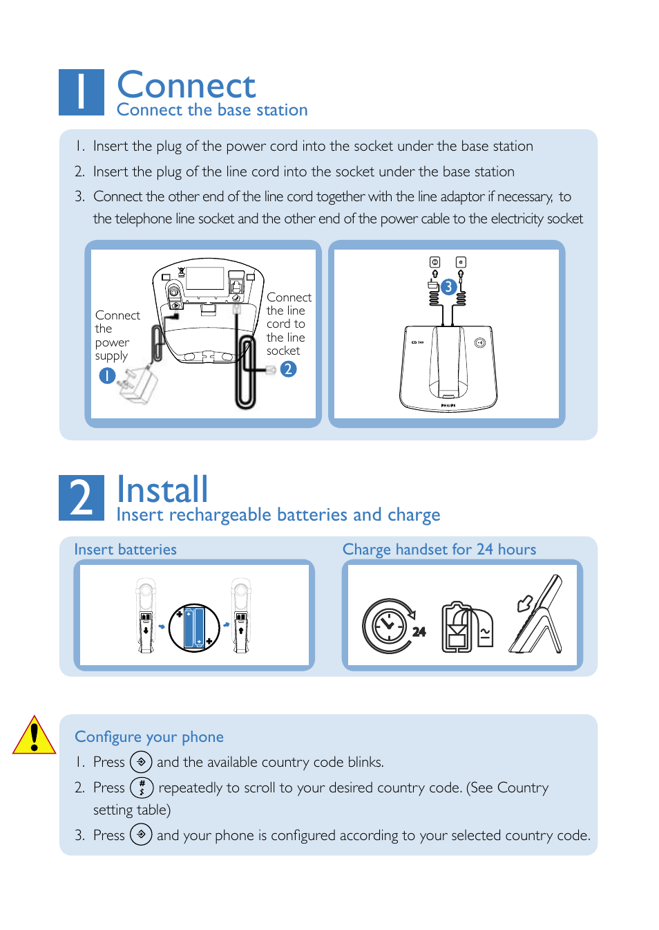 Connect, Install | Philips CD 145 User Manual | Page 3 / 6