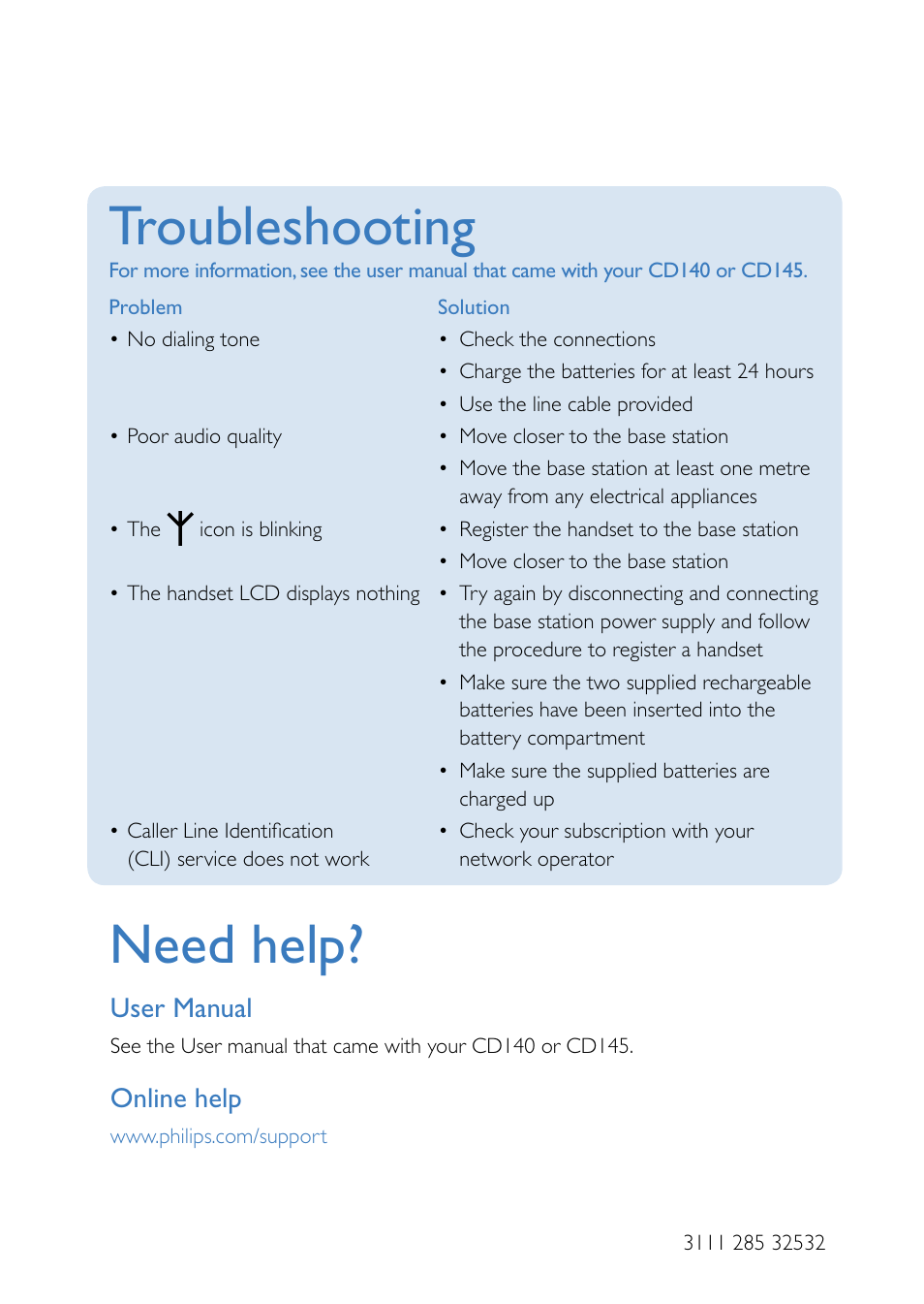 Troubleshooting, Need help, User manual | Online help | Philips CD 145 User Manual | Page 6 / 6