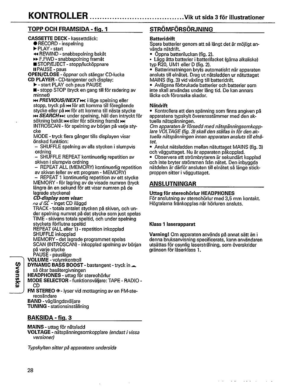 Topp och framsida - fiq. 1, Stromforsorjning, Batteridrift | Nätdrift, Anslutningar, Baksida-fiq.3, Kontroller, Vik ut sida 3 für illustrationer | Philips AZ 8022 User Manual | Page 4 / 10