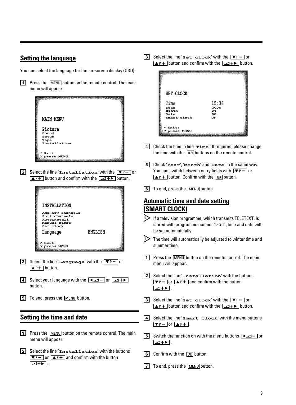 Setting the language, Setting the time and date, Automatic time and date setting (smart clock) | Philips TV-Video Combi 14PV211 User Manual | Page 11 / 24