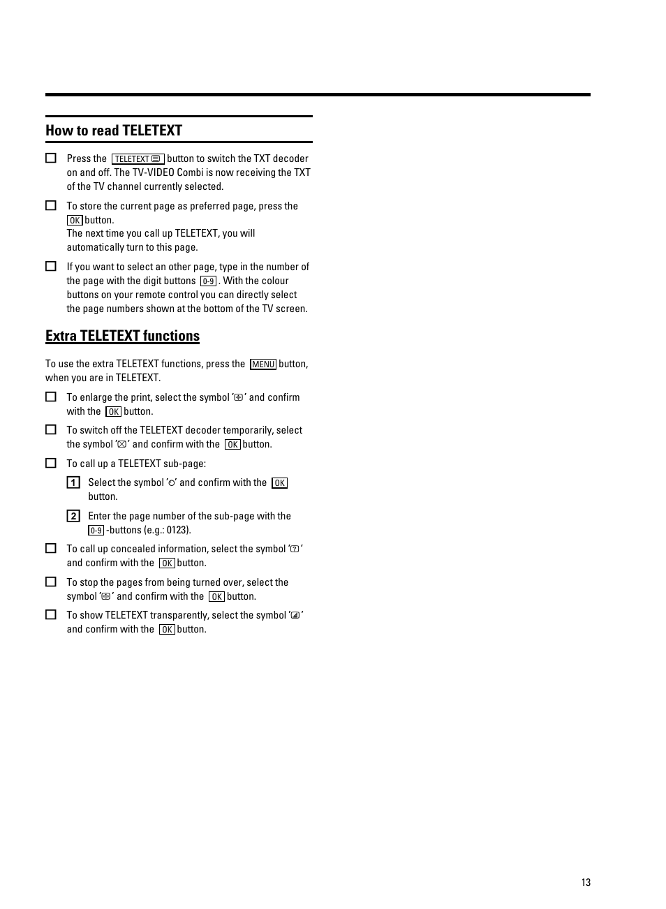 How to read teletext, Extra teletext functions | Philips TV-Video Combi 14PV211 User Manual | Page 15 / 24