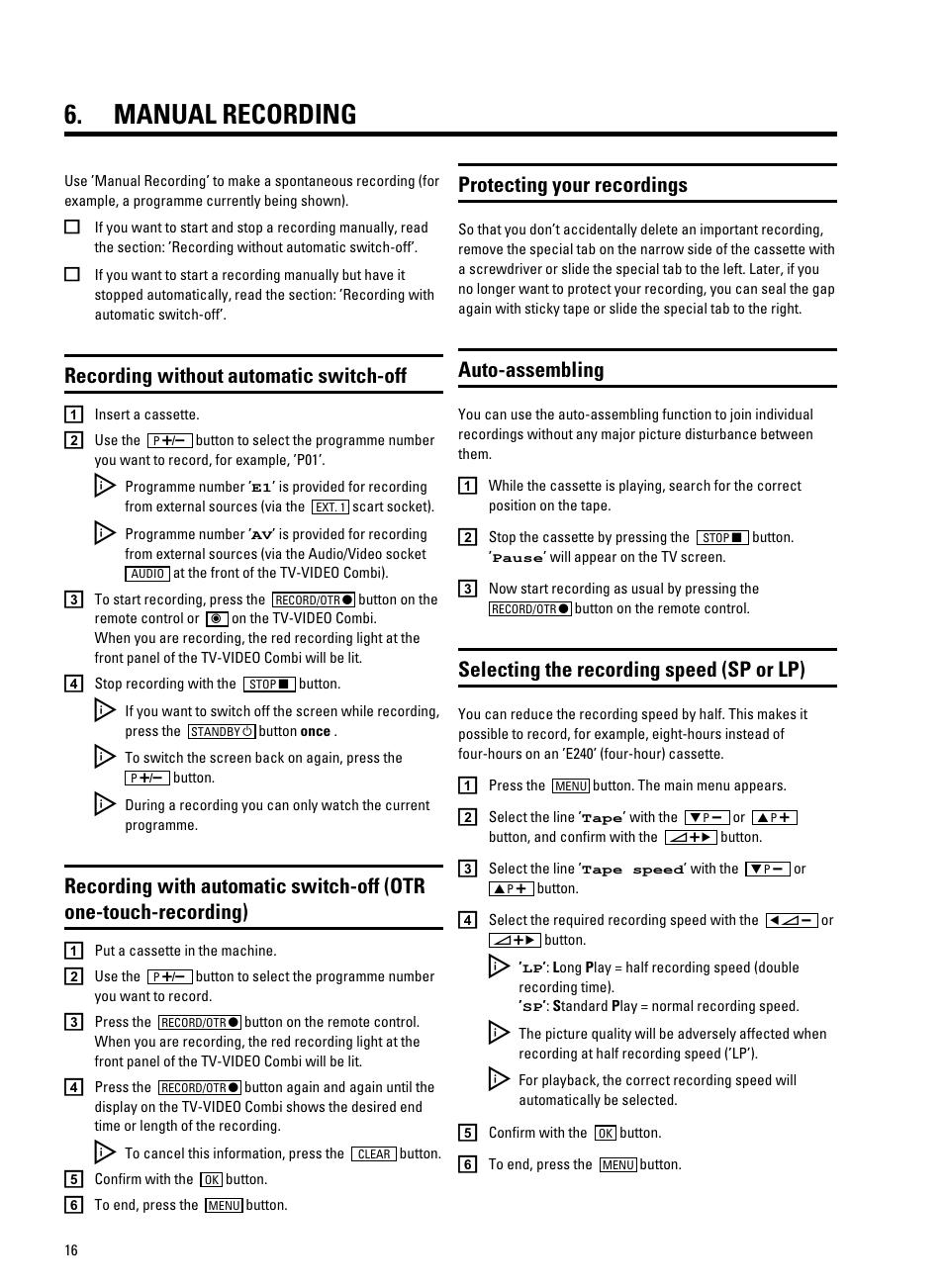 Manual recording, Recording without automatic switch-off, Protecting your recordings | Auto-assembling, Selecting the recording speed (sp or lp) | Philips TV-Video Combi 14PV211 User Manual | Page 18 / 24