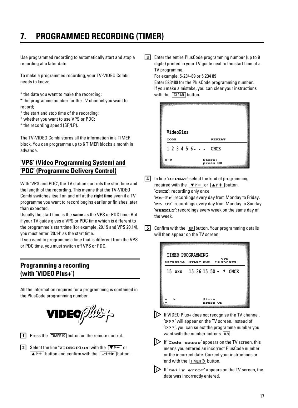 Programmed recording (timer), Programming a recording (with ’video plus+’) | Philips TV-Video Combi 14PV211 User Manual | Page 19 / 24