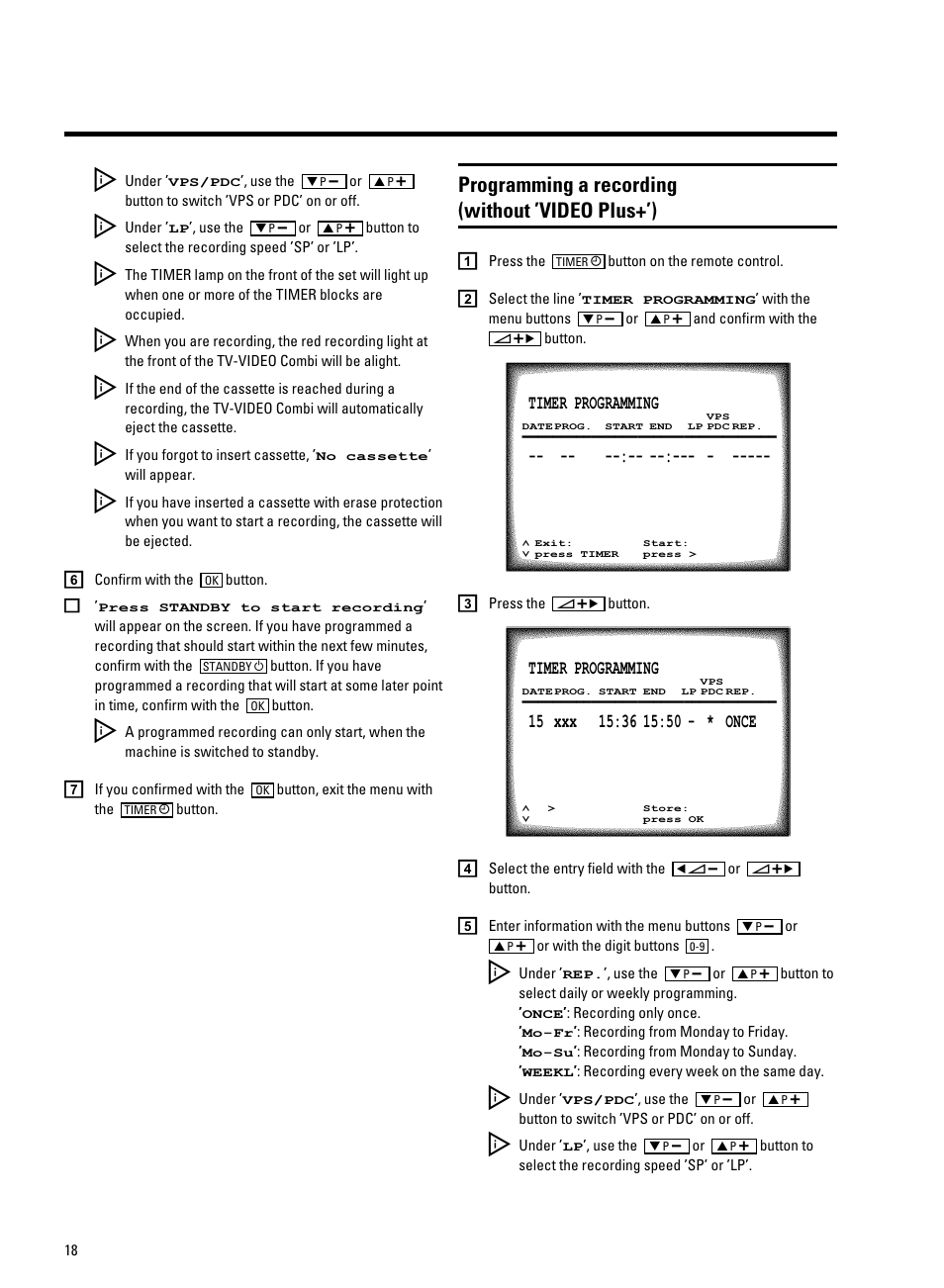 Programming a recording (without ’video plus+’) | Philips TV-Video Combi 14PV211 User Manual | Page 20 / 24