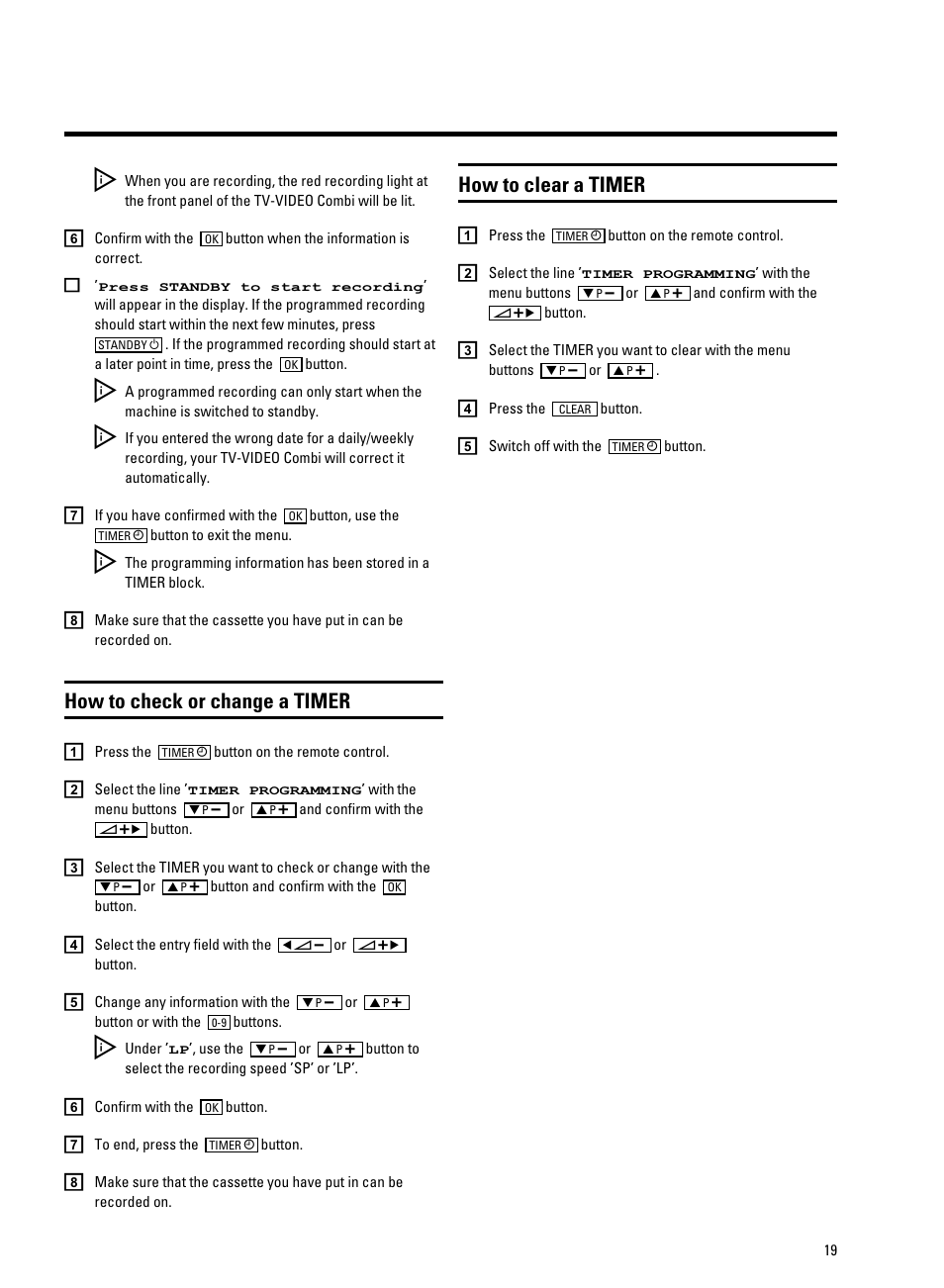 How to check or change a timer, How to clear a timer | Philips TV-Video Combi 14PV211 User Manual | Page 21 / 24