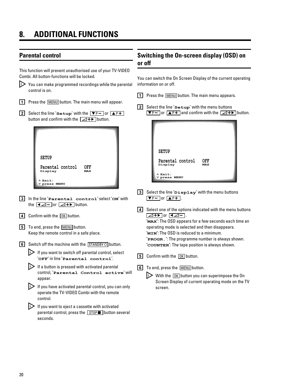 Additional functions, Parental control, Switching the on-screen display (osd) on or off | Philips TV-Video Combi 14PV211 User Manual | Page 22 / 24