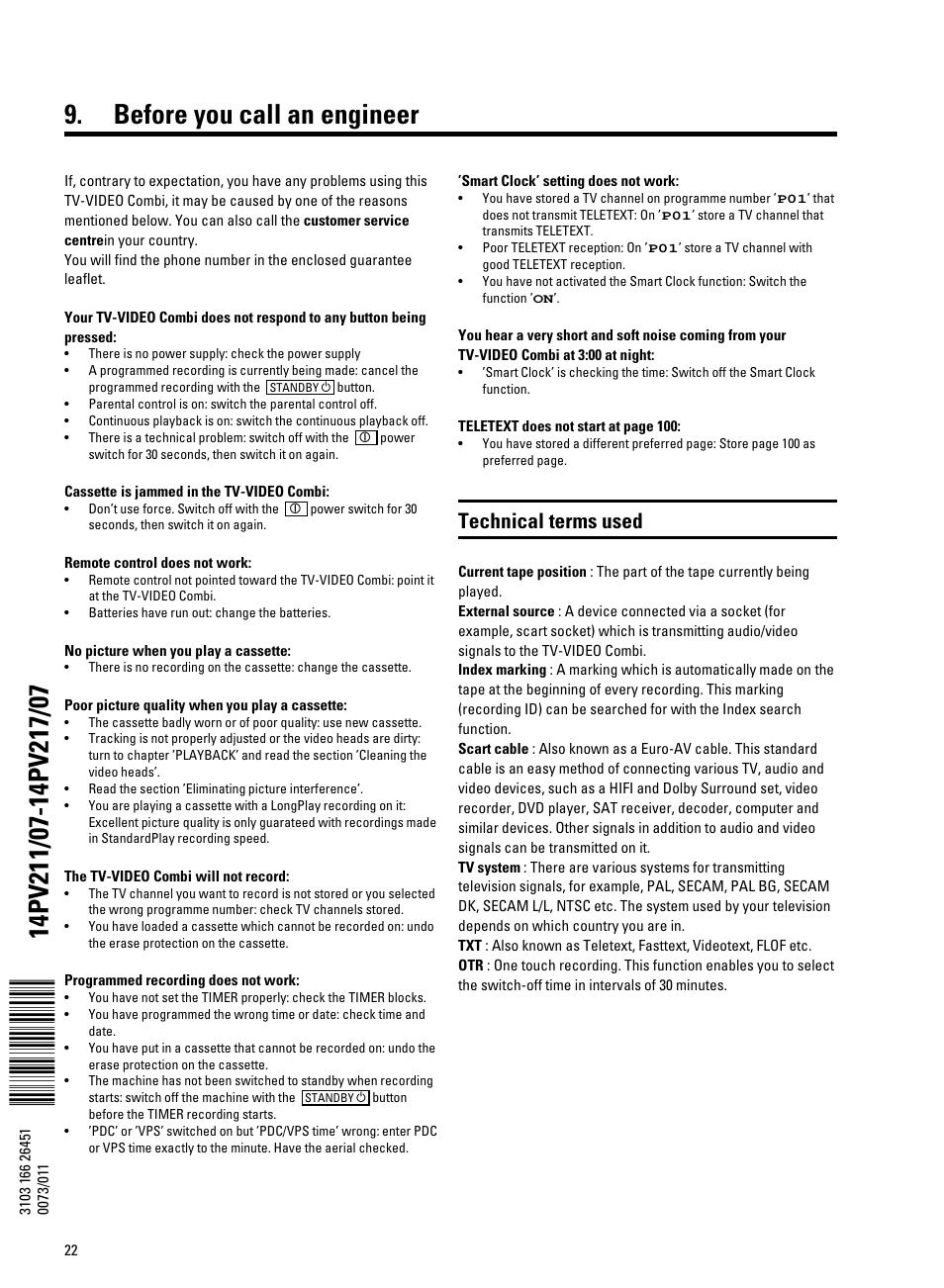 Before you call an engineer, Technical terms used | Philips TV-Video Combi 14PV211 User Manual | Page 24 / 24